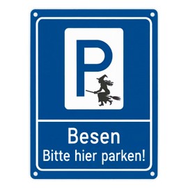 Hexebesen - Bitte hier parken Metal Sign in 15 x 20 cm Eye-catching Blue P Symbol Witch with Broom Parking Humorous