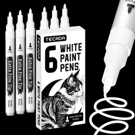 TECADA White Paint Pens Acrylic Markers - 6 Pack Permanent Markers, 0.7mm Extra Fine Tip Quick-drying Water-based Paint Pen for Rock Painting, Fabric, Stone, Mugs, Glass, Wood, Plastic, Metal