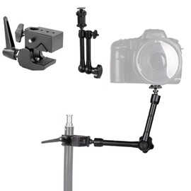 BOLLUMA Super Clamp with 11" Friction Articulating Magic Arm Extension, Hot Shoe Mount, 1/4" Thread Screw Adapter for Camera, LCD/DV Monitor, LED Light, Microphone, Light Stand, Shelves, Corssbar