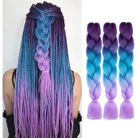 LDMY Braiding Hair Extensions -6pcs/pack Ombre Deep Purple- Lake Blue-Light Purple Synthetic Kanekalon Hair for Braiidng-24Inch Colorful Jumbo Braid Hair 100g/pc