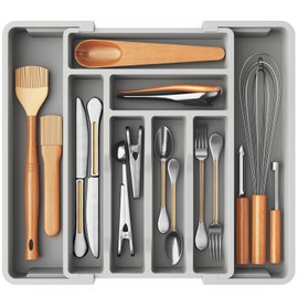 Pipishell Silverware Drawer Organizer, Expandable BPA-Free Kitchen Utensil Storage Tray for Forks, Spoons and Knives, Grey Plastic Cutlery Holder