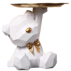 Bear Sculpture with Tray, Bear Figure Decorative Tray, Bear Sculpture Decoration with Tray, Bear Tray Decoration, Small Bear Sculpture with Metal Bowl, for Living Room, Entrance, Office