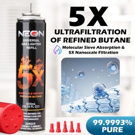 NEON Butane Fuel 300ml, 5X Premium Refined Butane Refill for Torch Lighter, 0 Impurities Lighter Fluid with Metal Nozzle & 5 Butane Gas Refill Adapters for Culinary, Welding, and DIY (12 Cans)