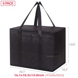 Set of 6 Large Insulated Reusable Grocery Bags with Sturdy Zipper and Handles, Foldable Washable Heavy Duty Cooler Totes for Hot or Cold Food Delivery, Groceries, Travel, Shopping