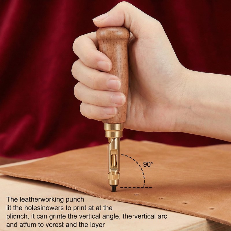 Leather Hole Punch, Adjustable Japanese Screw Punch with Wooden Handle,