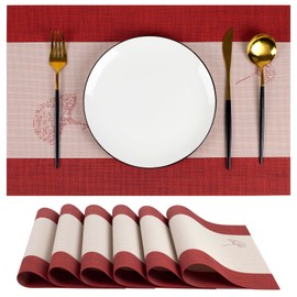 DEERYARD Woven Placemats Set of 6 – Red & White Ginkgo Leaf Design – Heat Resistant, Waterproof & Easy to Clean – Perfect for Dining Table, Kitchen, Restaurant & Outdoor Use