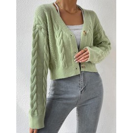 Women's Long Sleeve Button V Neck Soft Knit Cardigan Sweaters Cropped Cardigan Sweaters for Women Cute Cable Knit Outerwear Mint Green