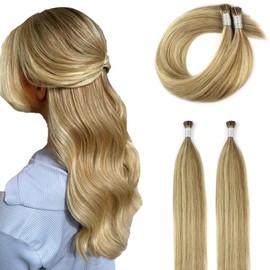 ABH AmazingBeauty Hair I Tip Hair Extensions Human Hair 14 Inch Ash Blonde Highlights Golden Blonde I Tip Hair Extensions Soft Straight I Tip Fusion Hair Extensions Remy Human Hair 50g 100strands