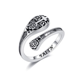 SHEAISRS 925 Sterling Silver Cross Spoon Ring for Women Oxidized Vintage Flower Faith Rings Adjustable Size Inspirational Daisy Jewelry