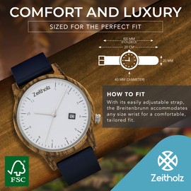 Zeitholz Wooden Watch with Zebrawood Casing and Blue Leather Strap, Date Display, Model: Breitenbrunn, Natural Product, Hypoallergenic, Sustainable Handmade Wristwatch