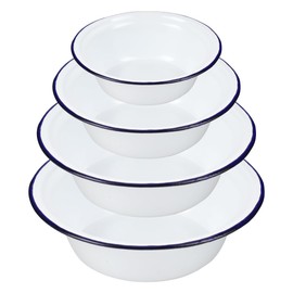 WENLISELL 4 Pcs Enamel Pie Dishes for The Oven, White Blue Trim Round Pie Dishes, 16cm, 18cm, 20cm, 22cm Enamel Pie Dishes for Stove