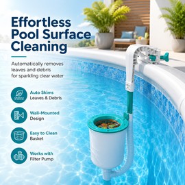 Wall-Mounted Pool Surface Skimmer for Above-Ground Pools – Automatic Leaf and Debris Cleaner with Removable Basket