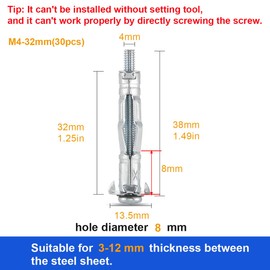 30 pcs Molly Bolts, Metal Drywall Anchors, Heavy Duty Zinc Plated Steel Molly Bolt (M4-32)