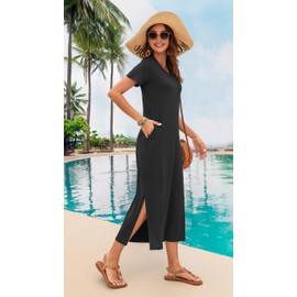 MISFAY Women Summer Midi Dresses Casual Loose Short Sleeve Dress Split Maxi Beach Sundress Travel Vacation Dress with Pockets Black