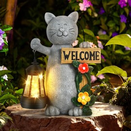 Json Garden Statue Solar Cat Figurine with Lantern, Solar Garden Decorations Statues for Patio, Balcony, Yard Ornament, Unique House Warming Gifts Figurine Lights, Gifts for Women, Mom