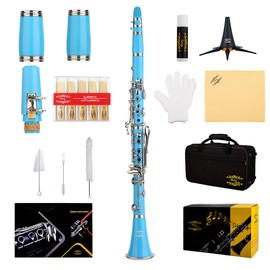 Glory GLY-CLALB Professional Ebonite Bb Clarinet with 10 Reeds, Stand, Hard Case, Cleaning Cloth, Mouthpiece Brush and Pad Brush,Light Blue/Silver