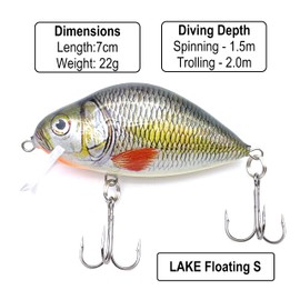 EVERBAY DORADO Wobbler Fishing Lure-Artificial Hard Crankbait-Fishing Tackle, Topwater Life-Like Swimbait for Trout Perch Pike Zander Catfish Chub Barbel Trolling in Freshwater, Floating - LAKE 7cm S