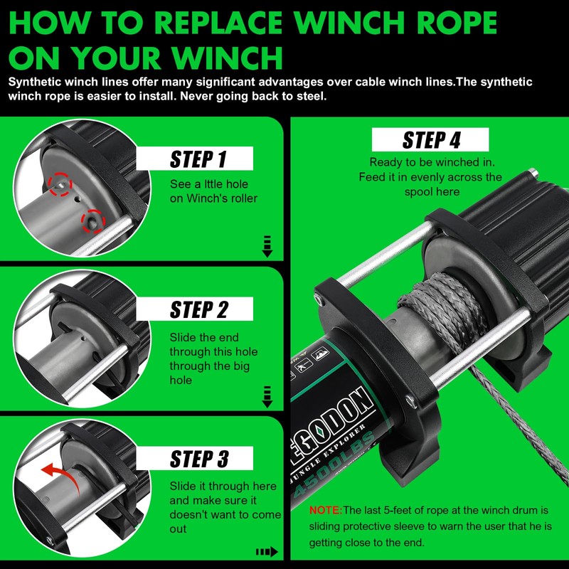 STEGODON Synthetic Winch Rope, 1/4'' x 50ft 10,000LBS Synthetic Winch