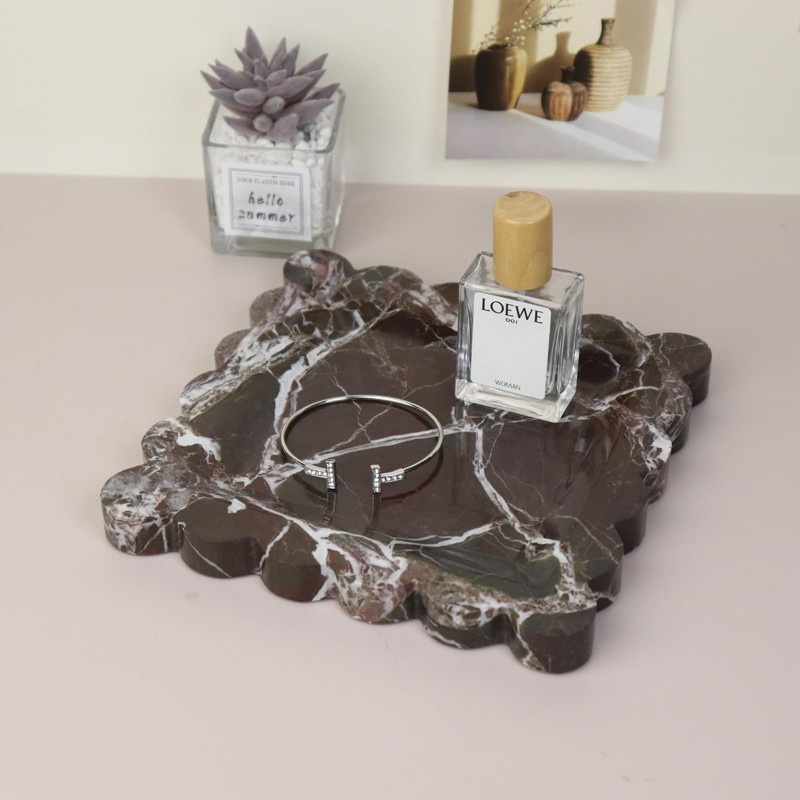 Kesoniku Square Marble Decorative Tray with Scalloped Edge, Luxury Natural
