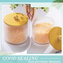 Yaomiao 6 Pcs Ribbed Bathroom Canisters Apothecary Jars with Golden Bamboo Lids and Label Stickers, 18 oz Plastic Canister with Fluted Design for Cotton Ball, Swab, Floss Picks House Storage