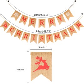 G2PLUS Merry Christmas Burlap Bunting Banner, 4.8M Burlap Christmas Banner with Elks, Vintage Merry Chirstmas Garland with 16 Flag Pennants, Rustic Hessian Bunting for Christmas Decoration
