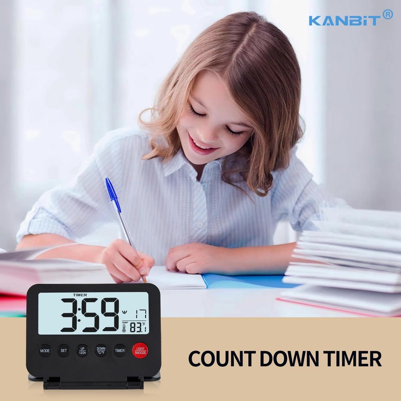 KANBIT Small Digital Travel Alarm Clock, Large LCD Display Front