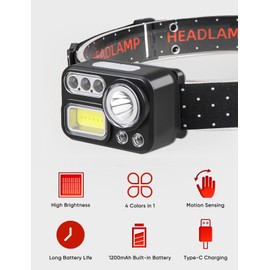 XLENTGEN Headlamp Rechargeable 4 Colors in 1 LED Headlamp 500 Lumens Super Bright Motion Sensor Head Lamp, 2-Pack 8 Modes White Red Blue Green Light Headlight for Camping Fishing Cycling Hunting