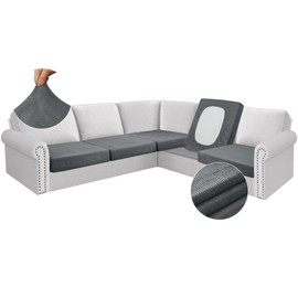 Arfntevss Velvet Sectional Couch Covers L Shape 5 Seat Couch Cushion Covers Fitted Stretch U Shaped Sofa Cushion Covers Thick Washable Corner Furniture Protector (5-Piece Seat Covers, Light Gray)
