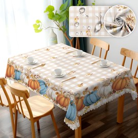 Trendcylala Fall Checkered Table Cloth, 55x70 Inch Rectangle, Orange White Blue Pumpkin Decor, Gingham Autumn Tablecloth, Thanksgiving Washable for Party Dining Table Decor