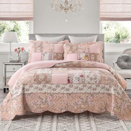 Yvooxny Quilts Queen Size Patchwork Pink Floral Quilt Set Vintage Shabby Chic Botanical Floral Quilted Bedspread 3-Piece Quilt Set with Ruffle for All Seasons, Queen Size, 92 * 88 Inches
