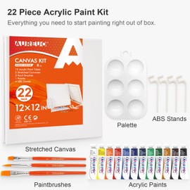 AUREUO 12x12 Inch / 2 Pack Stretched Canvas Set with Stands - 12 Acrylic Paints, Brushes & Palette - Acrylic Paint Kit - Painting Supplies for Artists, Adults & Beginners