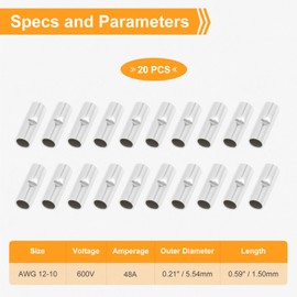 12-10 Gauge Butt Splice Connectors 20 Pcs Non-Insulated Butt Connectors for Copper Wire 24-8 AWG 6 Options Wire Crimp Connector, Suppied by Hohnnyreet