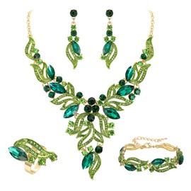 EVER FAITH Bridal Jewellery Set Wedding Crystal Marquise Crystal Leaf Cluster Statement Y Shaped Pendant Necklace Earrings Bracelet and Ring Set for Prom Clear Silver Tone, Crystal, No Gemstone