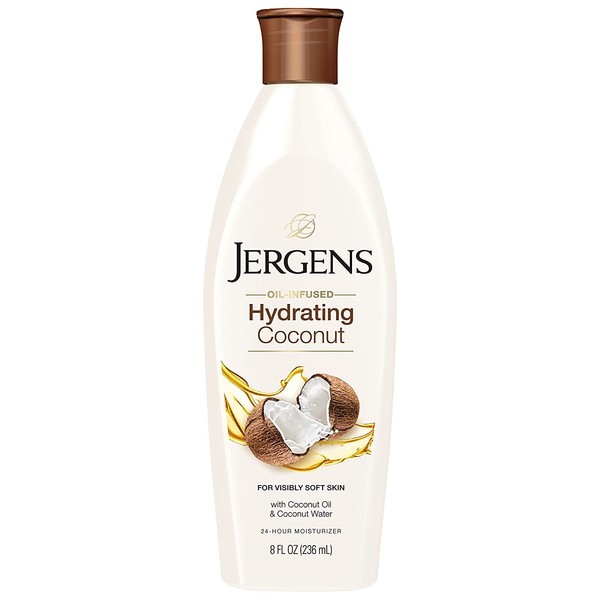 Jergens Hydrating Coconut Body Moisturizer, Infused with Coconut Oil and Water for Long-Lasting Moisture, Hydrates Dry Skin Instantly, 8 Ounce, Dermatologist Tested (Packaging May Vary)