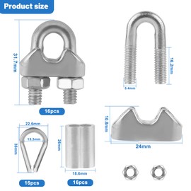EXLECO 16 Wire Rope Clamp, 6 mm Rope Clamp, Steel Rope, Stainless Steel Bow Shape, Wire Rope Clip, Rope Clamp with Aluminium Sleeves, Thimbles for Steel Cable, Steel Wire, Washing Line, Awning, Fixed