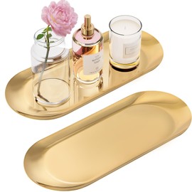 VOMEWO Gold Decorative Tray, 2 PCS Bathroom Vanity Tray for Dresser Counter, Elegant Jewelry Dish Tray for Decor, Gold Platter Serving Tray Organizer for Perfume Trinket Key Candle, Stainless Steel, Oval