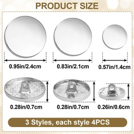 VARMDUKKE 12PCS Metal Flat Buttons, Shiny Alloy Sewing Buttons, Round Silver Buttons for Cafts, 15mm 20mm 25mm Vintage Buttons, DIY Clothing Accessories for Coats, Jacket