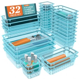 WOWBOX 32 PCS Plastic Drawer Organizer Set, 4 Sizes Desk Drawer Organization and Storage Containers for Makeup, Cosmetics, Jewelry and Gadgets in Kitchen, Bathroom, Bedroom, Office, Clear Sea Blue