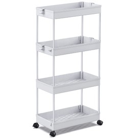 SPACEKEEPER Storage Cart, 4-Tier Mobile Shelving Unit, Bathroom Rolling Cart Utility Storage Organizer Shelf for Kitchen Living Room Bathroom Laundry Room & Dressers, Gray