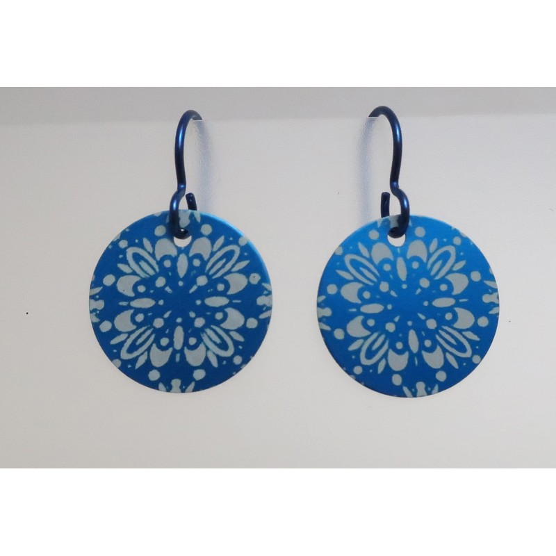 Lightweight Anodized Blue Floral Aluminum Disc Niobium Dangle Earrings