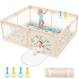 Abdtech Baby Playpen with Mat 79x71inch - Extra Large Play Pen for Babies and Toddlers Indoor & Outdoor Baby Playard with Soft Breathable Mesh Cover - Sturdy Foam Infant Gate Playpen(Apricot)