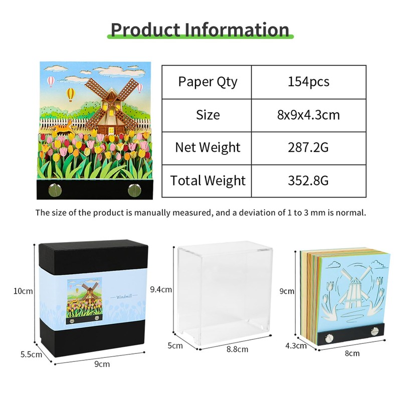 SIWEME 3D Memo Pad, Windmill 3D Notepad Paper Carving Non-Stick