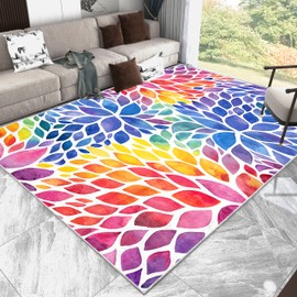 Abstract Colorful 8x10 Area Rug Modern Rainbow Dahlia Floral Rugs Multicolor Area Rugs, Non-Slip Machine Washable Floor Carpet for Bedroom Living Room Playroom Classroom Dorm Office 8' x 10'