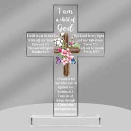 Hiagkmet Acrylic Christian Baptism Gift for Women Men Acrylic Standing Cross Religious Inspirational Gifts with Bible Verse and Prayers Flower Cross for Friends Mom Sister Wife Colleague
