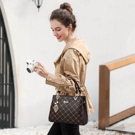 FORRICA Handbag for Women Shoulder Bag Ladies Fashion Print Top Handle Bag PU Leather with Maple Leaf Pendant Crossbody Handbag Dark Brown