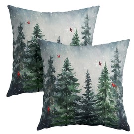 Green Tree Throw Pillow Covers Winter Snowy Forest Pillowcase 16x16 inch 2 PCS Nature Landscape Red Bird Decorative Cushion Cover for Home Patio Sofa Bedroom