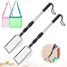 Mowouhn 2PCS Shark Teeth Sifter for Beach with 2 Seashell Bag, Beach Sand Sifter for Picking Up Shells, Sand Scoop Shell Scooper for Beach with Retractable Long Handle, Shark Tooth Sifter Dipper