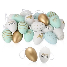 Festicy Easter Eggs Pack of 24 I Easter Decoration 2025 I (White, Green, Gold) 8 Designs I Rabbits, Happy Easter Lettering I Easter Eggs for Hanging Outside I Plastic Easter Eggs Outdoor