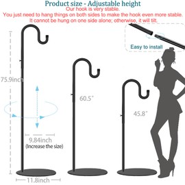 Vorriop Upgraded 75" Shepherds Hook Stand，Bird Feeders，Extra Large Wind Chime Stand, Indoor Shepherds Hook With Base, Adjustable-Height Standing Pole Holder For Outdoor （1 Placement Racks