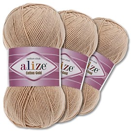 Wohnkult Alize 3 x 100 g Cotton Gold Premium Wool 59 Colours Summer Wool Yarn Knitting Amigurumi All Season Wool (262 | Beige)